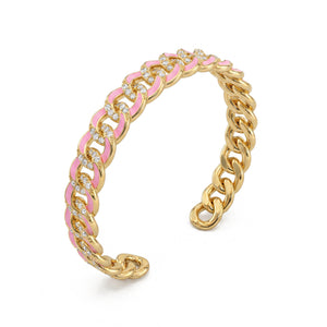 Bracelet rigide gourmette émaillé rose et zirconiums