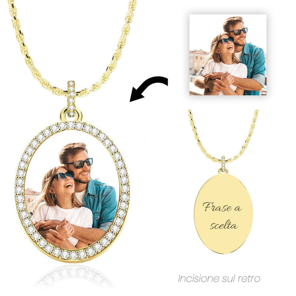 Collana Foto Ovale Personalizzata Contorno Zirconato e Maglia Corda - My Mo Gioielli