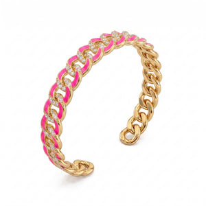 Bracelet rigide gourmette émaillé rose fluo et zirconiums